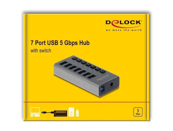 DeLock External USB 5 Gbps HUB with 7 Ports + Switch Grey DeLock External USB 5 Gbps HUB with 7 Ports + Switch Grey