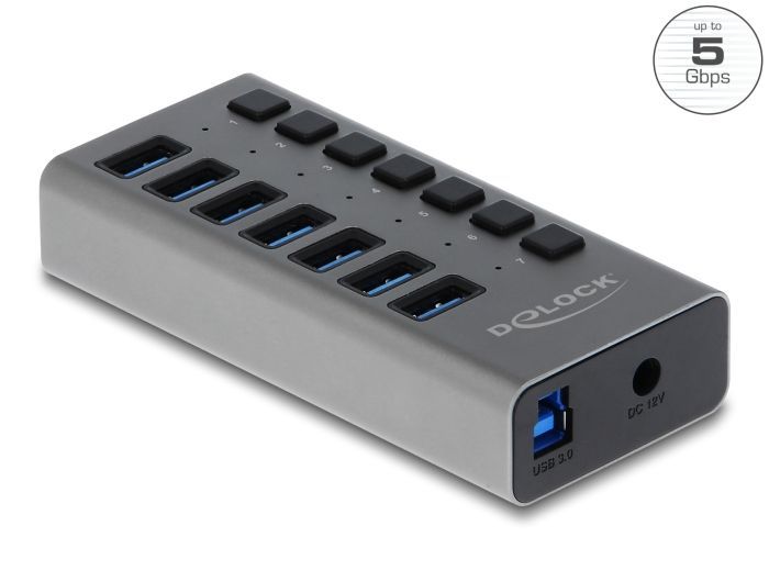 DeLock External USB 5 Gbps HUB with 7 Ports + Switch Grey DeLock External USB 5 Gbps HUB with 7 Ports + Switch Grey