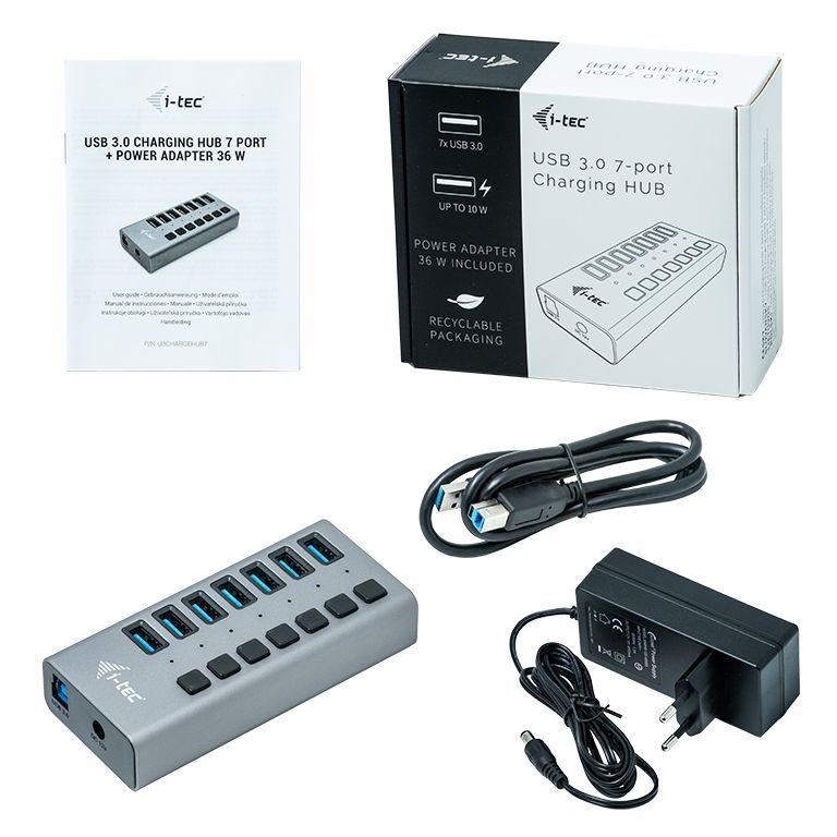 I-TEC 7 port USB 3.0 Charging Hub+Power Adapter 36W Grey I-TEC 7 port USB 3.0 Charging Hub+Power Adapter 36W Grey