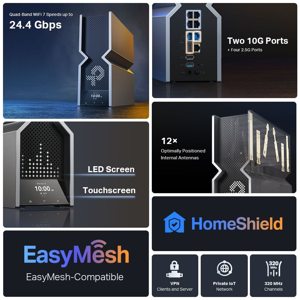 TP-Link Archer BE900 BE24000 Quad-Band Wi-Fi 7 Router Black