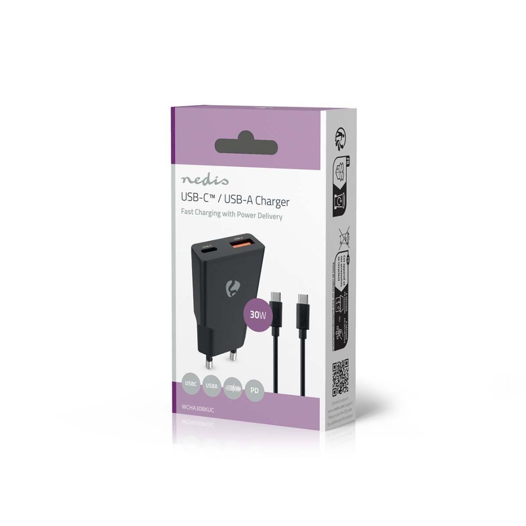 Nedis Wall Charger 30W PD 3.0 with 1,5m USB-C cable Black