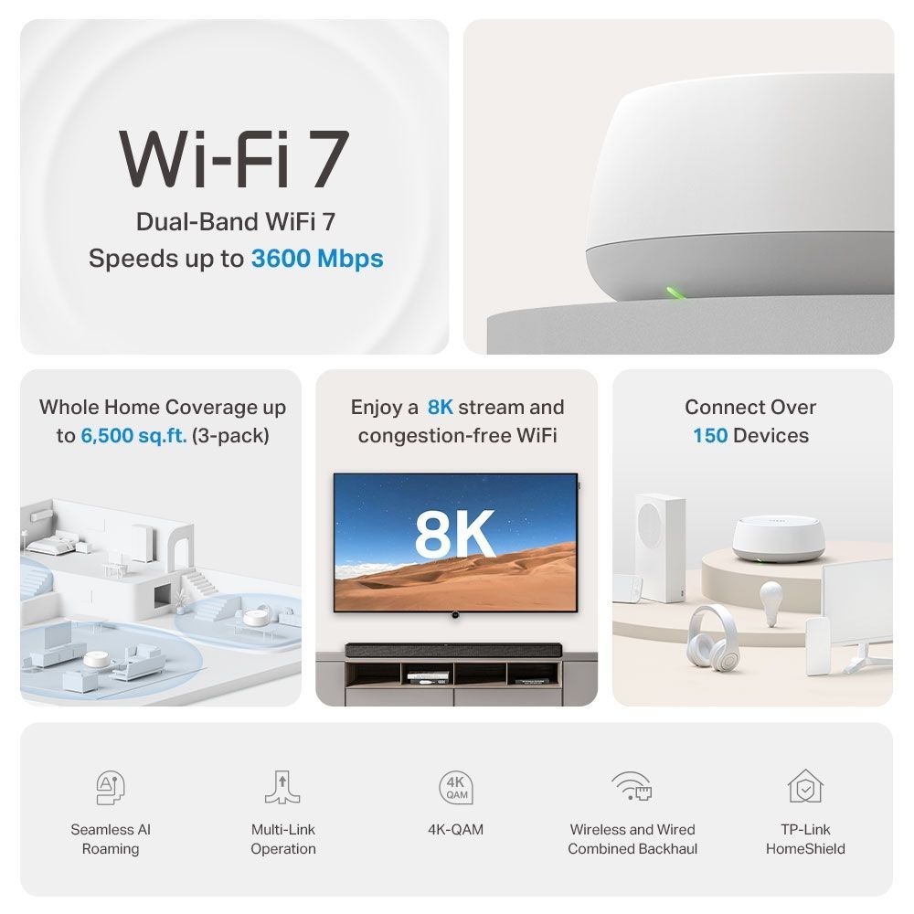 TP-Link Deco BE22 BE3600 Whole Home Mesh WiFi 7 System (1 Pack)