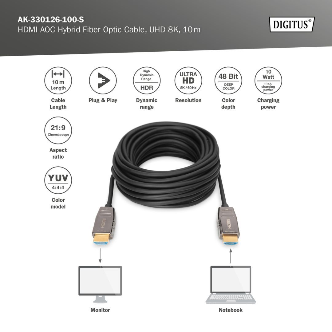 Digitus HDMI AOC Hybrid Fiber Optic Cable, UHD 8K 10m Black Digitus HDMI AOC Hybrid Fiber Optic Cable, UHD 8K 10m Black