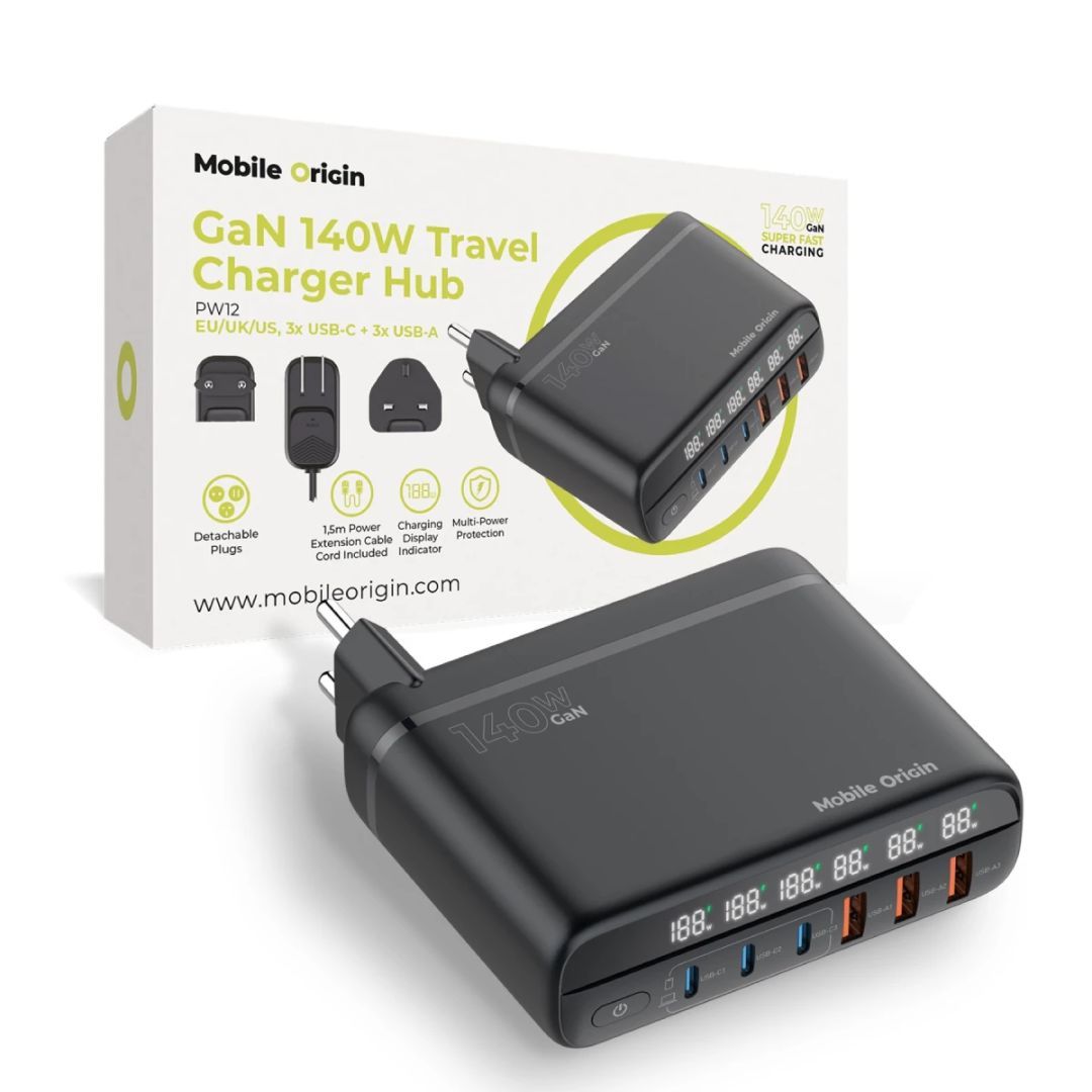 Mobile Origin 140W Travel Charger Hub EU/UK/US 3x USB-C+3x USB-A Black Mobile Origin 140W Travel Charger Hub EU/UK/US 3x USB-C+3x USB-A Black