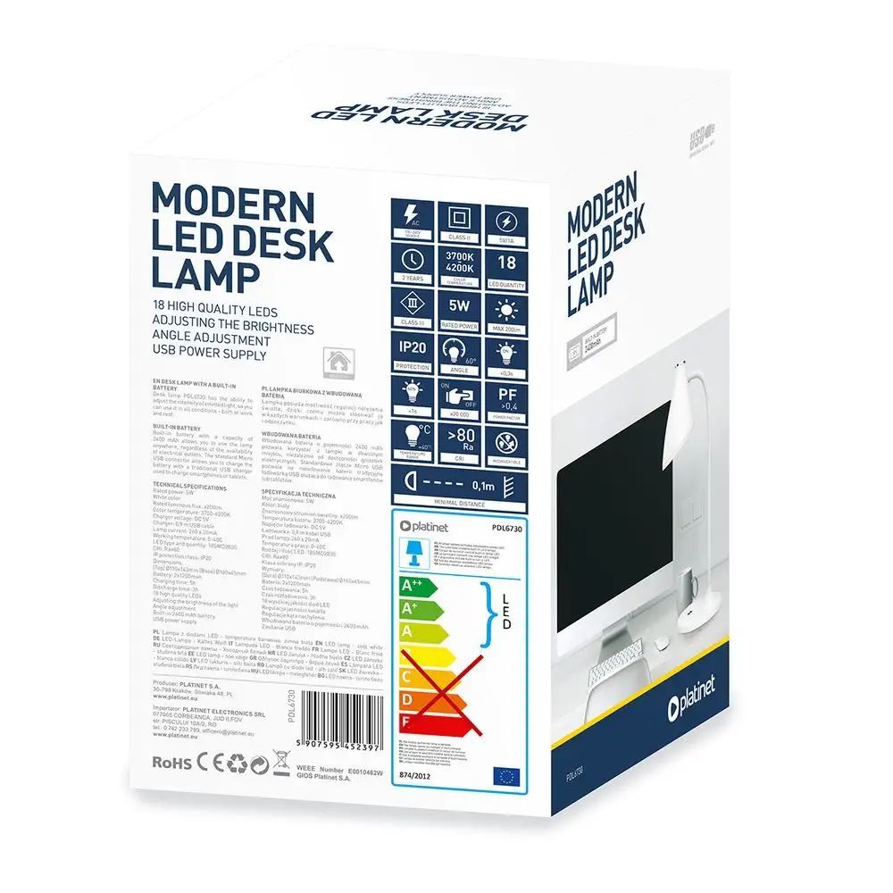 Platinet Rechargeable Desk Lamp 2400mAh 5W White Platinet Rechargeable Desk Lamp 2400mAh 5W White