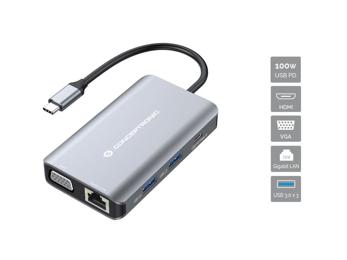 Conceptronic DONN21G 7-in-1 USB 3.2 Gen 1 Docking Station Conceptronic DONN21G 7-in-1 USB 3.2 Gen 1 Docking Station