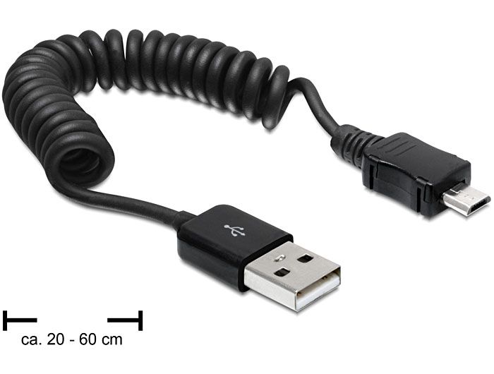DeLock Cable USB 2.0-A male > USB micro-B male coiled cable 0,6m Black DeLock Cable USB 2.0-A male > USB micro-B male coiled cable 0,6m Black