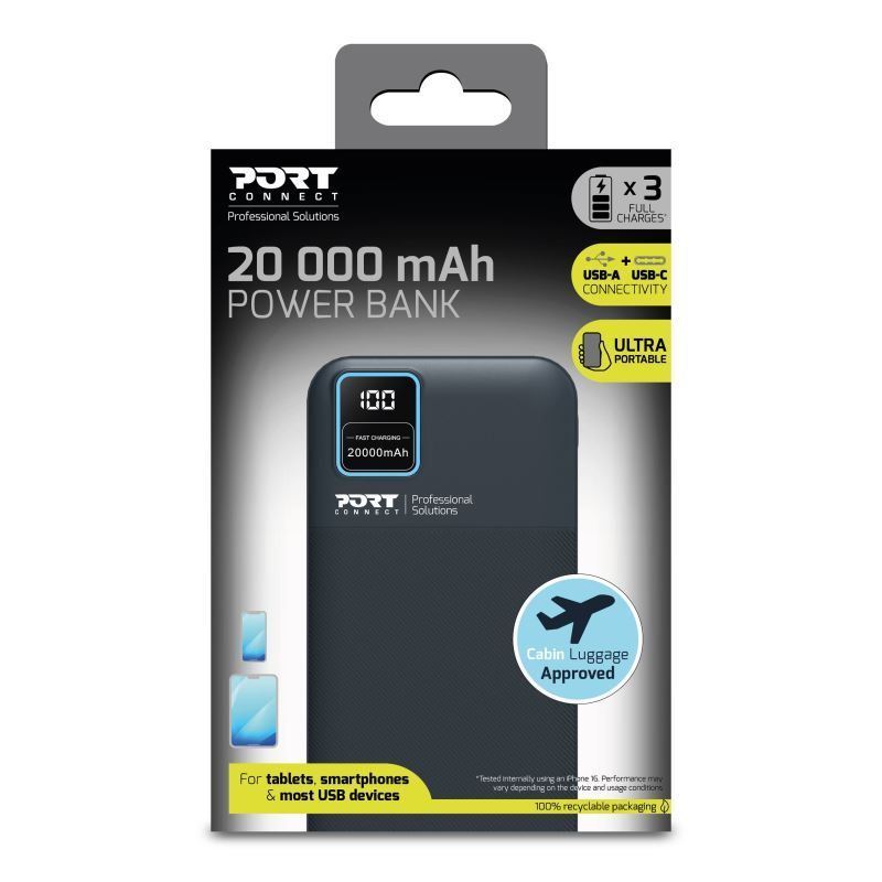 Port Designs 20000mAh Powerbank LCD Display USB-A QC / USB-C / Micro USB Black Port Designs 20000mAh Powerbank LCD Display USB-A QC / USB-C / Micro USB Black