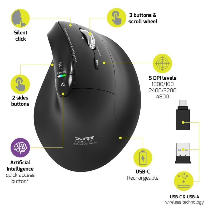 Port Designs Ergo Auditor Ergonomic Wireless Bluetooth Rechargeable Mouse Black