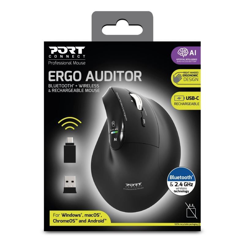 Port Designs Ergo Auditor Ergonomic Wireless Bluetooth Rechargeable Mouse Black