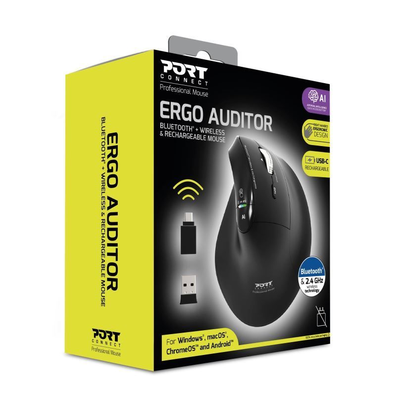 Port Designs Ergo Auditor Ergonomic Wireless Bluetooth Rechargeable Mouse Black