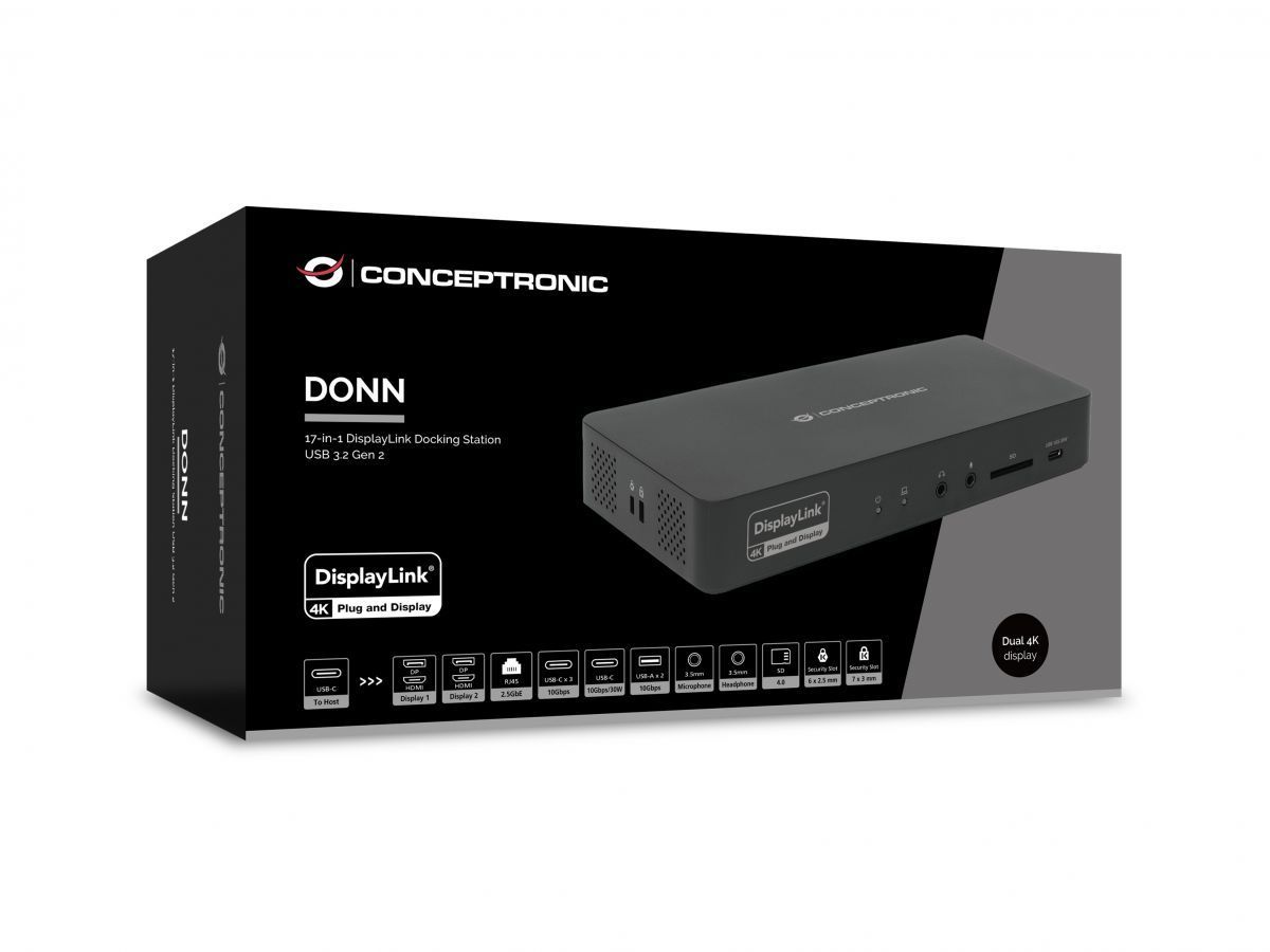 Conceptronic DONN31B 17-in-1 DisplayLink Docking Station USB 3.2 Gen 2 Conceptronic DONN31B 17-in-1 DisplayLink Docking Station USB 3.2 Gen 2