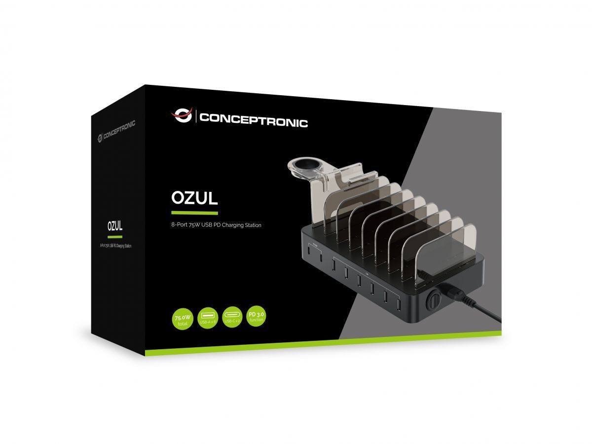 Conceptronic OZUL02B 75W 8-Port USB PD Charging Station