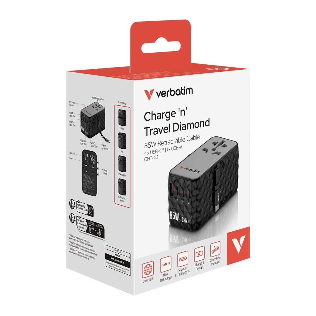 Verbatim Charge ''n'' Travel GaN III Universal Travel Adapter 85W Verbatim Charge ''n'' Travel GaN III Universal Travel Adapter 85W