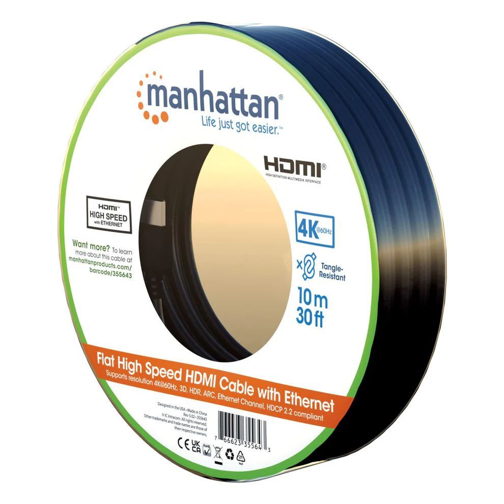 Manhattan Flat High Speed HDMI Cable with Ethernet Cable 10m Black