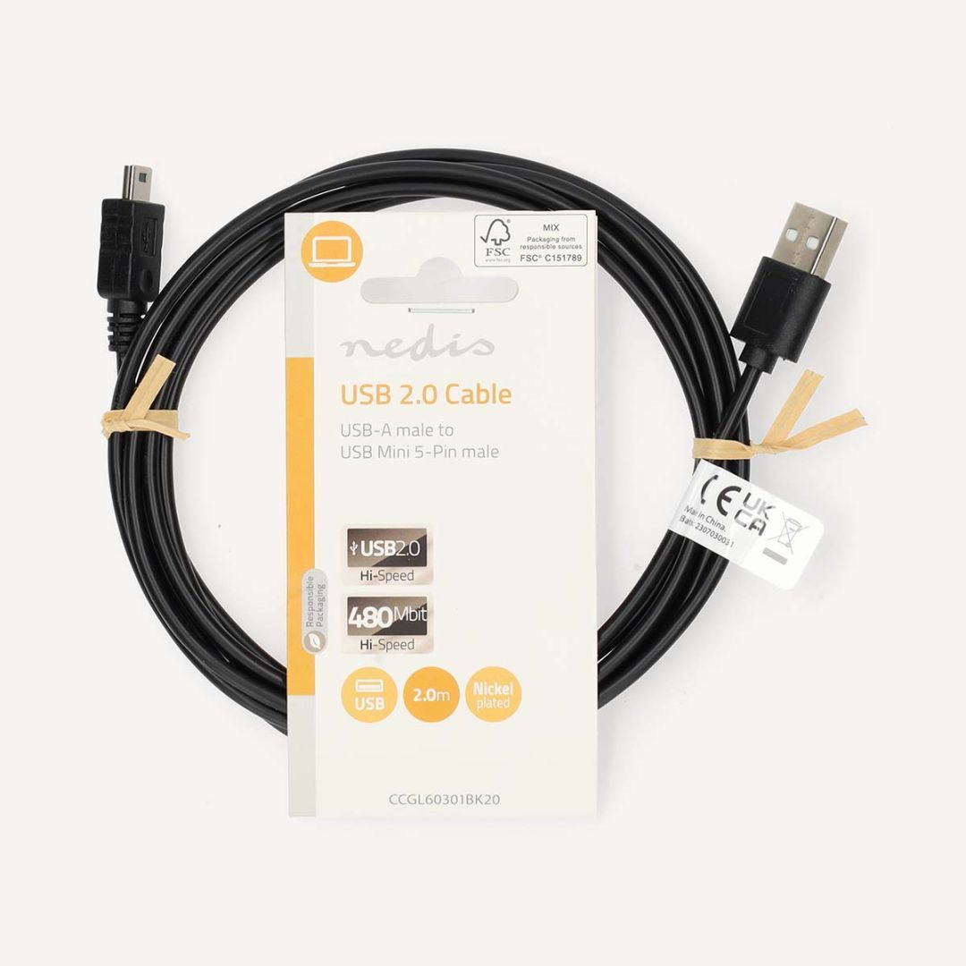 Nedis USB-A to MiniUSB Cable 2m Black Nedis USB-A to MiniUSB Cable 2m Black