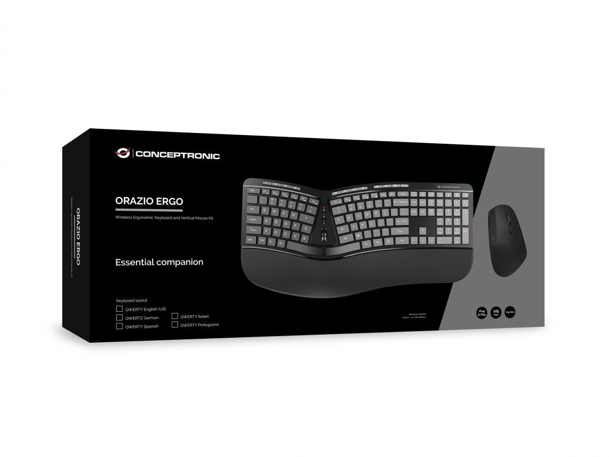 Conceptronic ORAZIO02US ERGO Wireless Ergonomic Keyboard Combo Black US