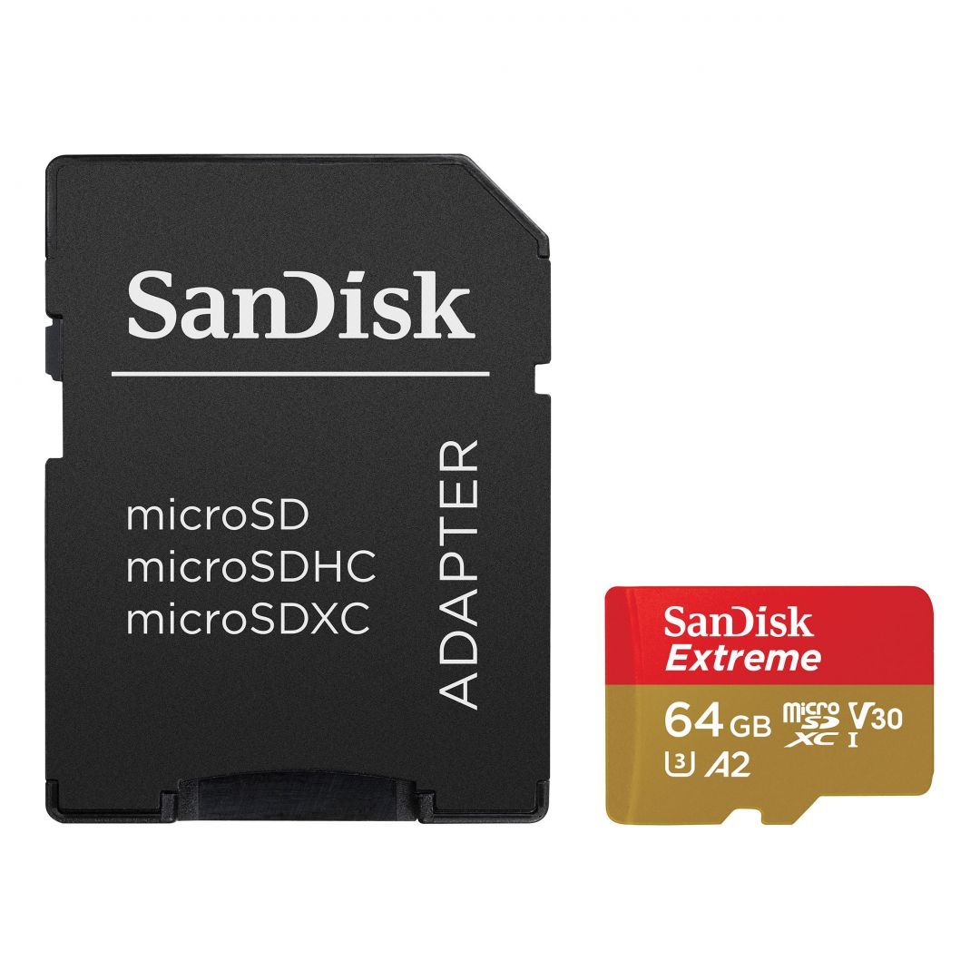 Sandisk 64GB microSDXC Class 10 U3 V30 A2 Extreme + adapterrel Sandisk 64GB microSDXC Class 10 U3 V30 A2 Extreme + adapterrel
