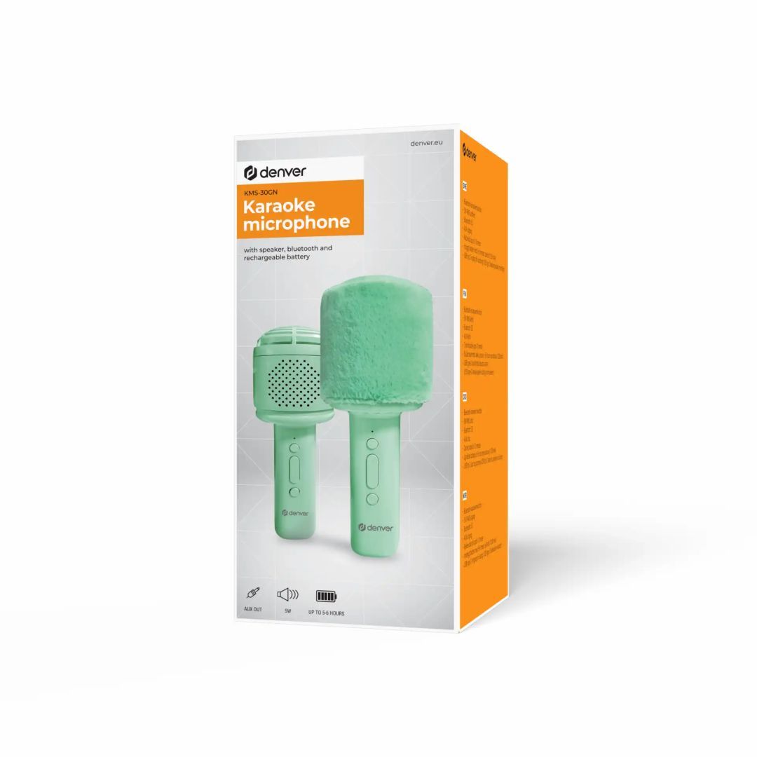 Denver KMS-30RO Bluetooth Karaoke Microphone Speaker with fluffy top Green Denver KMS-30RO Bluetooth Karaoke Microphone Speaker with fluffy top Green