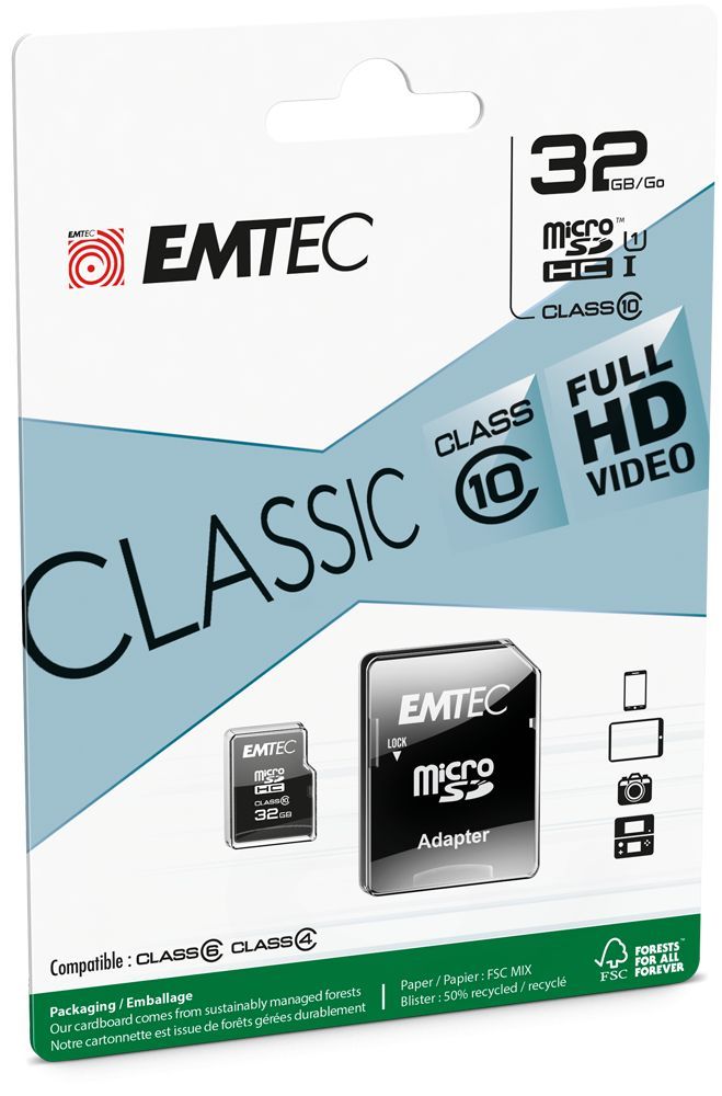 Emtec 32GB microSDHC Classic Class 10 U1 + adapterrel Emtec 32GB microSDHC Classic Class 10 U1 + adapterrel