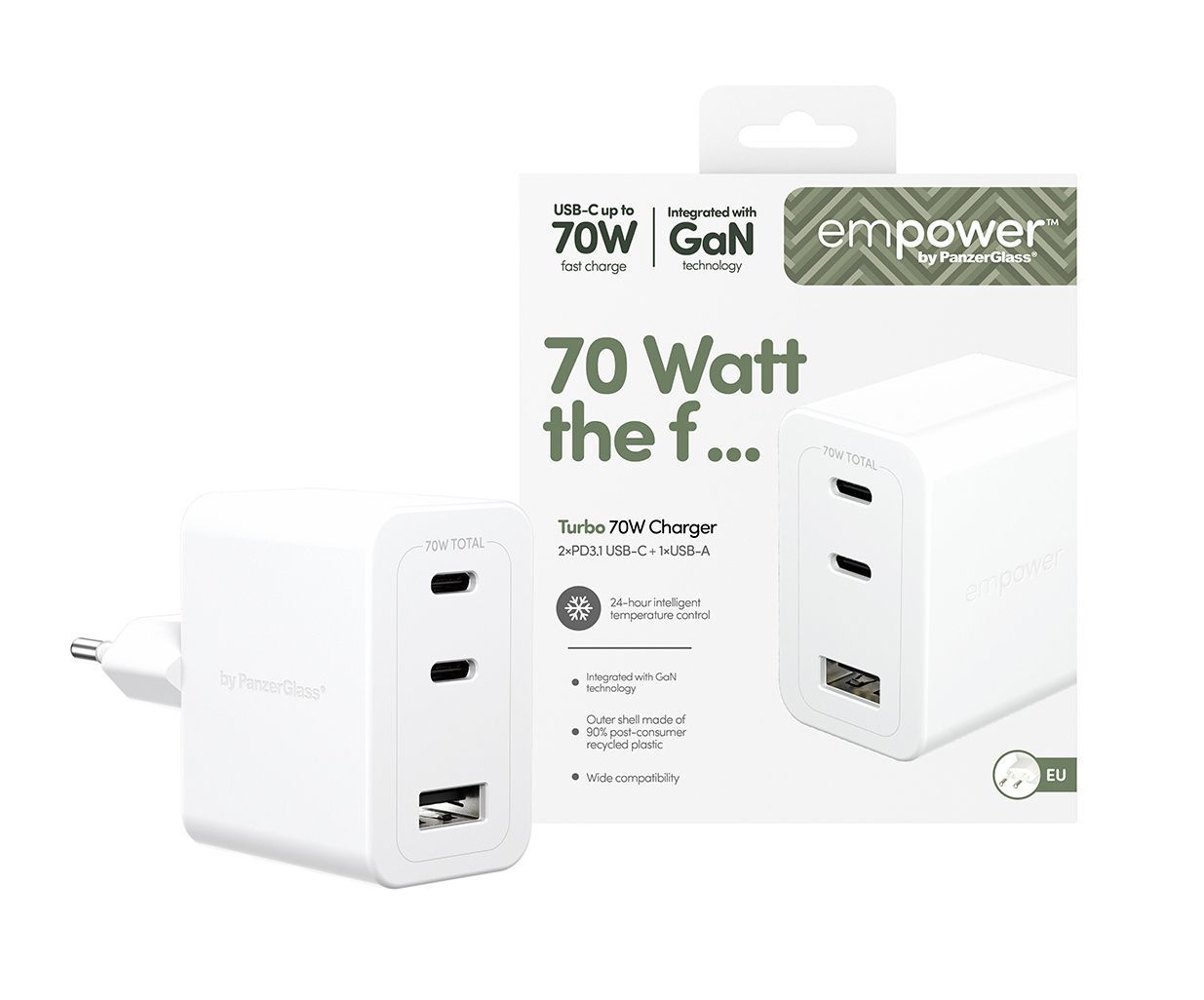 PanzerGlass 70W 2x USB-C 1x USB-A charger White PanzerGlass 70W 2x USB-C 1x USB-A charger White