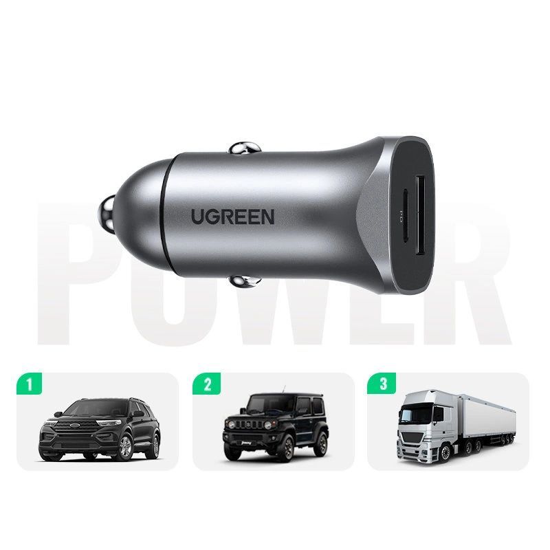 UGREEN Car Charger USB-A/USB-C 24W Power Delivery Quick Charge Gray