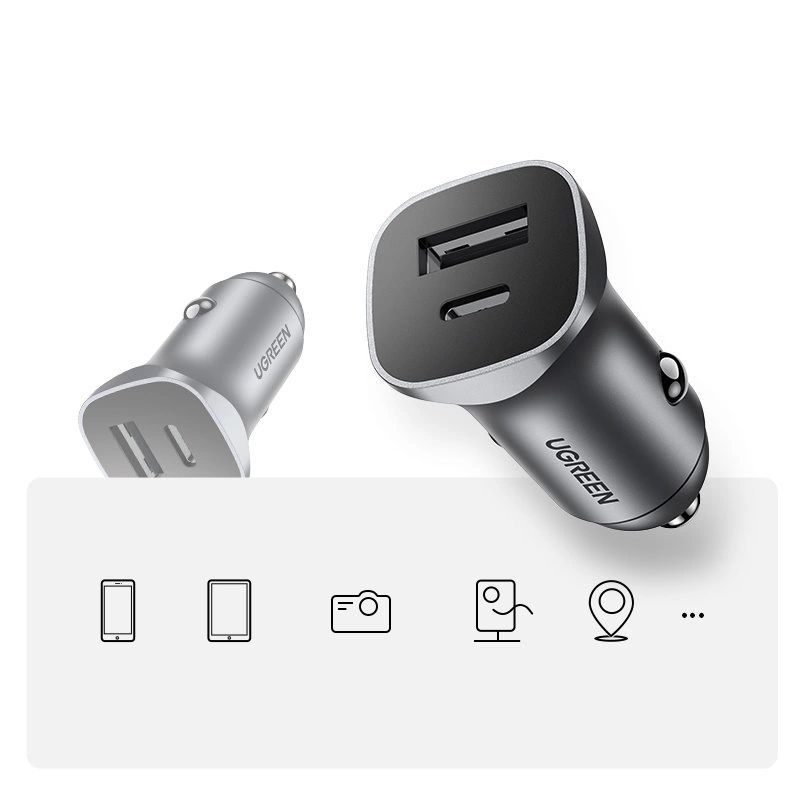 UGREEN Car Charger USB-A/USB-C 24W Power Delivery Quick Charge Gray