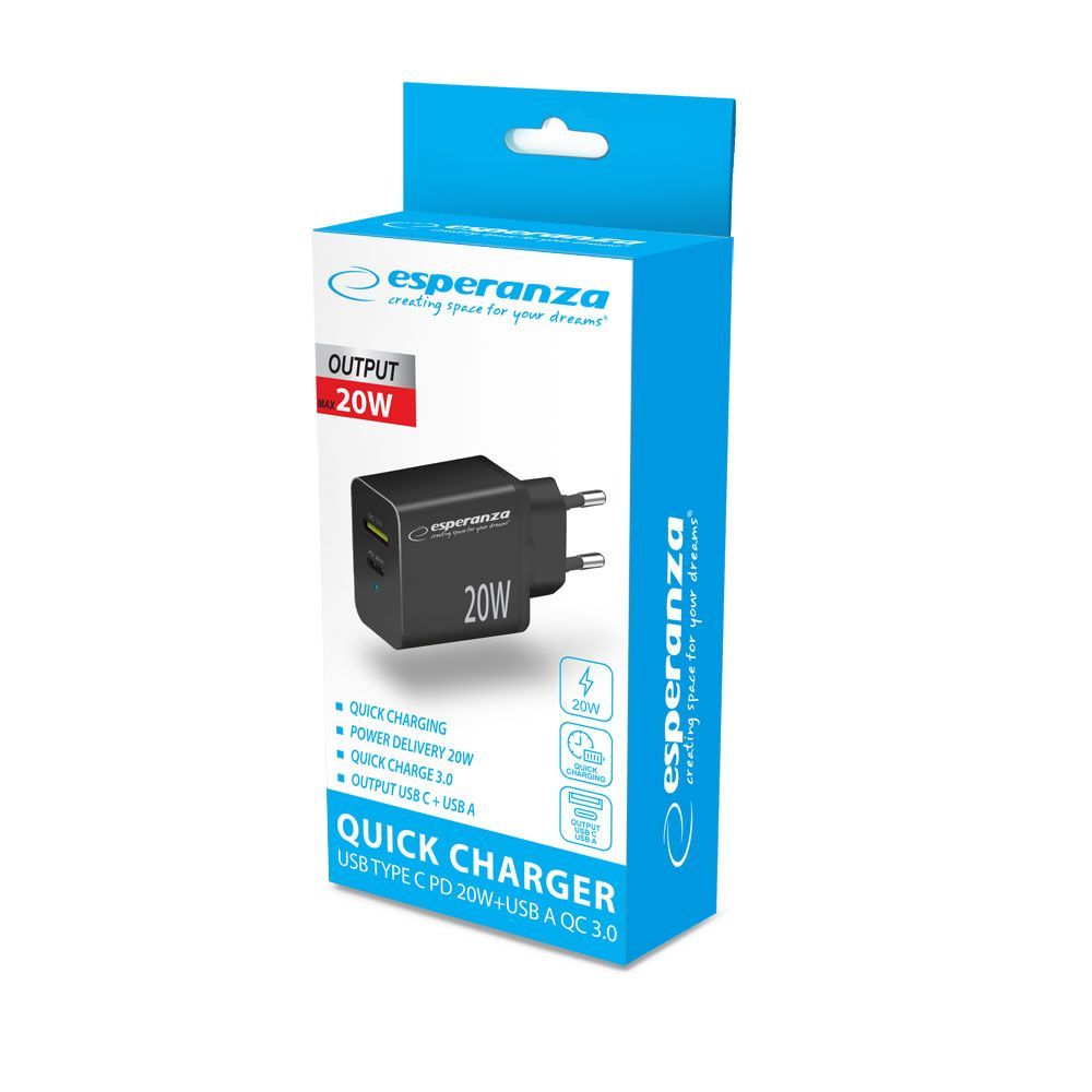 Esperanza Quich Power Charger 20W USB-C PD 20W / USB-A QC 3.0 18W Black