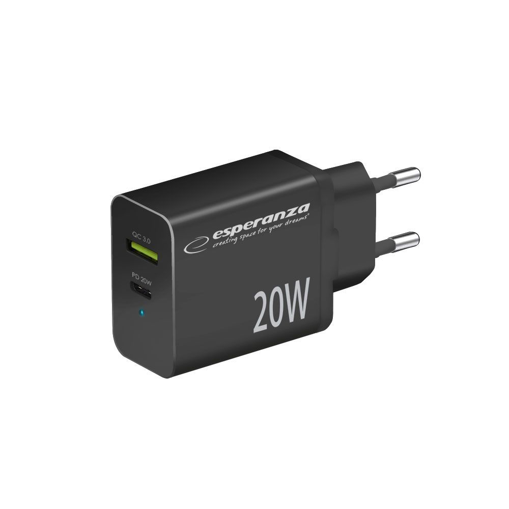 Esperanza Quich Power Charger 20W USB-C PD 20W / USB-A QC 3.0 18W Black
