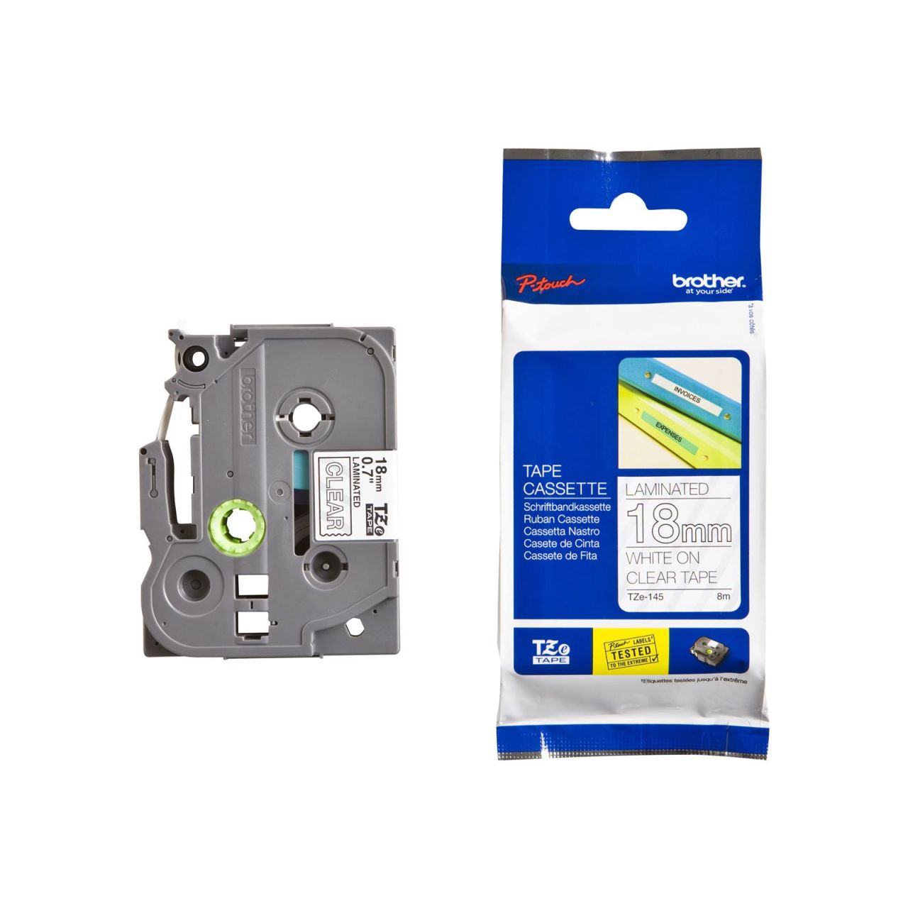 Brother TZE-145 laminált P-touch szalag (18mm) White on Clear - 8m Brother TZE-145 laminált P-touch szalag (18mm) White on Clear - 8m