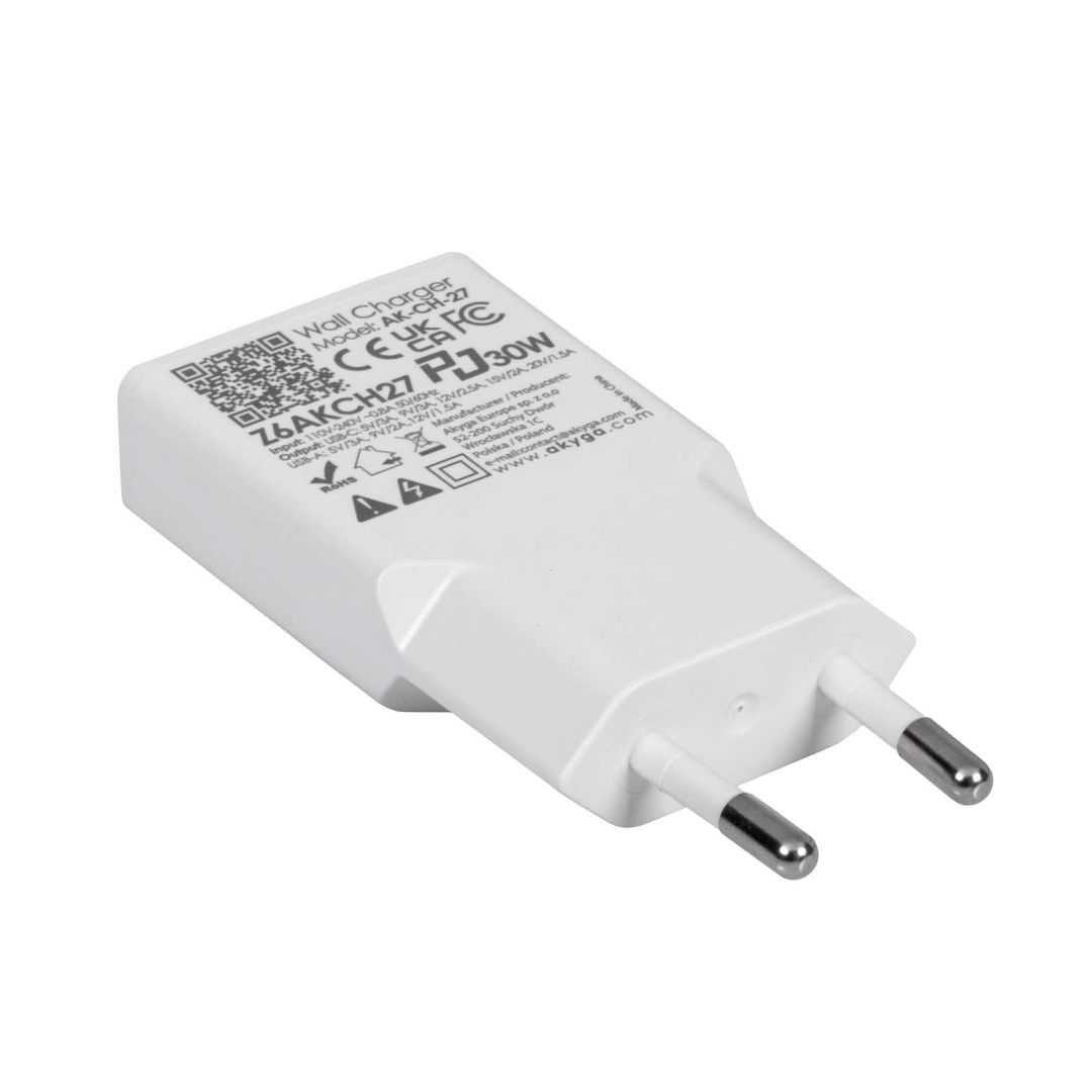 Akyga AK-CH-27 USB-A/USB-C PD 30W Quick Charge 3.0 GaN White Akyga AK-CH-27 USB-A/USB-C PD 30W Quick Charge 3.0 GaN White