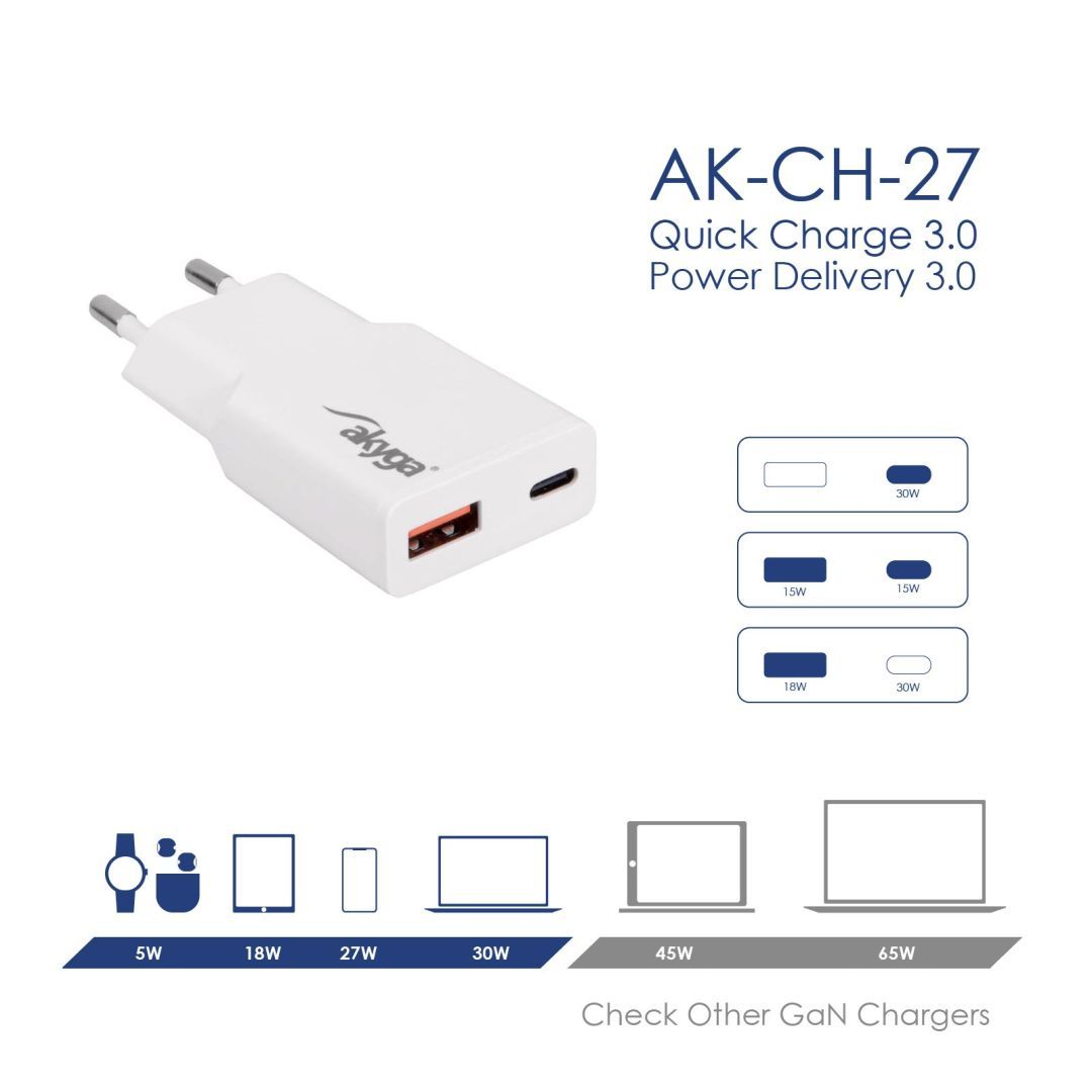 Akyga AK-CH-27 USB-A/USB-C PD 30W Quick Charge 3.0 GaN White Akyga AK-CH-27 USB-A/USB-C PD 30W Quick Charge 3.0 GaN White