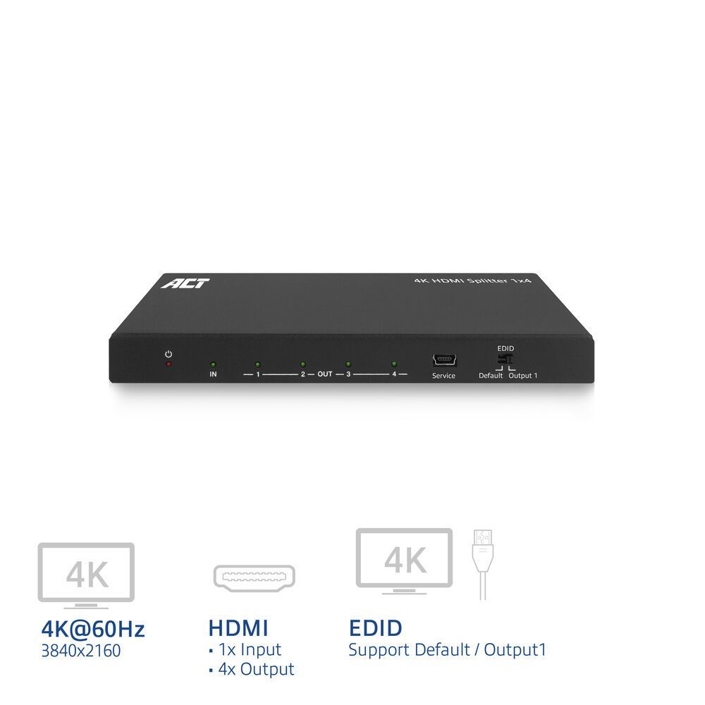 ACT AC7832 4K HDMI Splitter 1 in 4 out EDID support Black ACT AC7832 4K HDMI Splitter 1 in 4 out EDID support Black