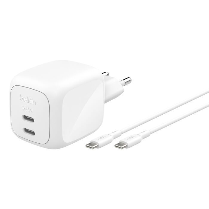 Belkin 2-Port USB-C GaN Charger (67W) with USB-C Cable White Belkin 2-Port USB-C GaN Charger (67W) with USB-C Cable White