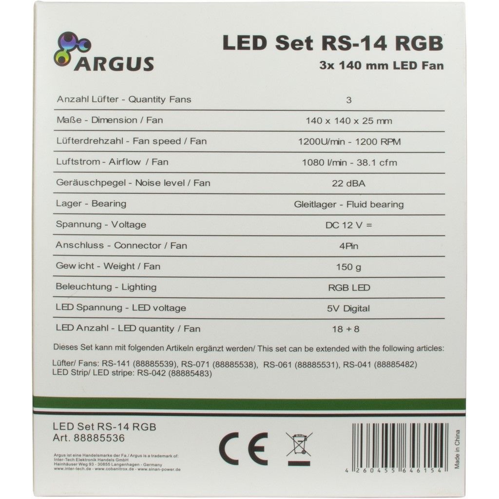 Inter-Tech RS-14 Argus RGB Fan Set 140mm (3 pcs) Inter-Tech RS-14 Argus RGB Fan Set 140mm (3 pcs)