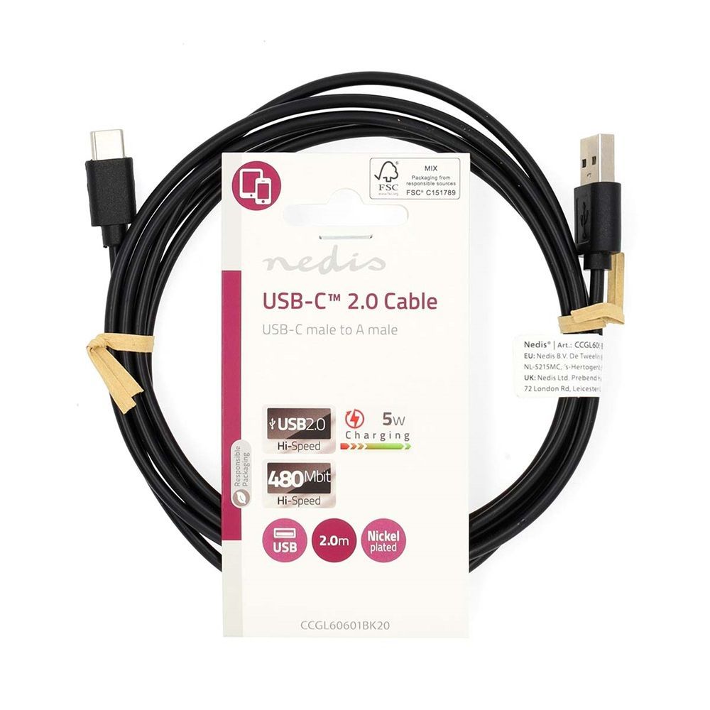Nedis USB 2.0 USB-A Male to USB-C Male 5W USB Cable 2m Black Nedis USB 2.0 USB-A Male to USB-C Male 5W USB Cable 2m Black