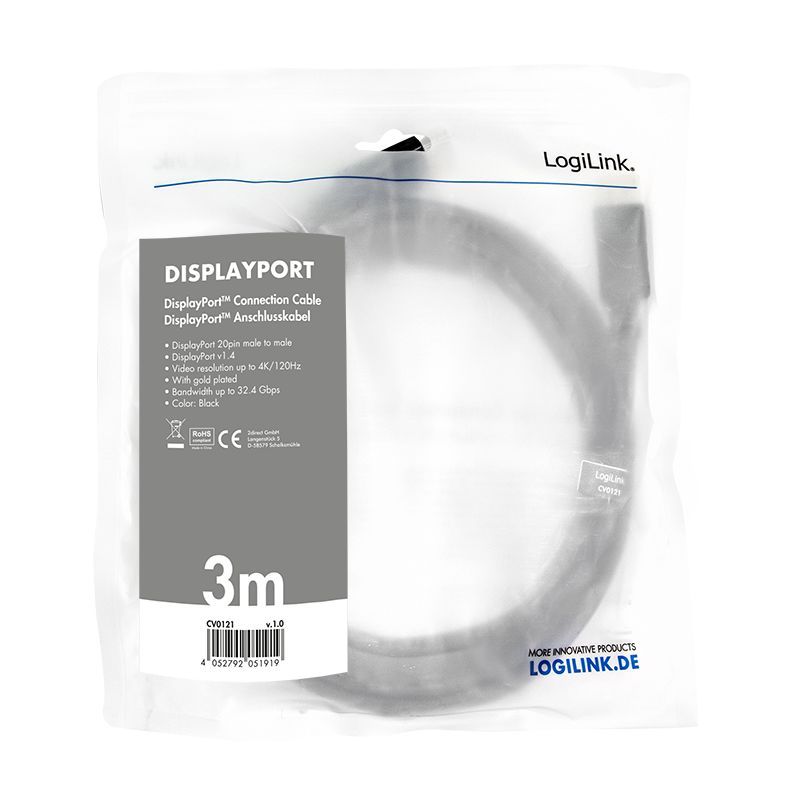 Logilink DisplayPort Cable DP 1.4 M/M 3m Black Logilink DisplayPort Cable DP 1.4 M/M 3m Black