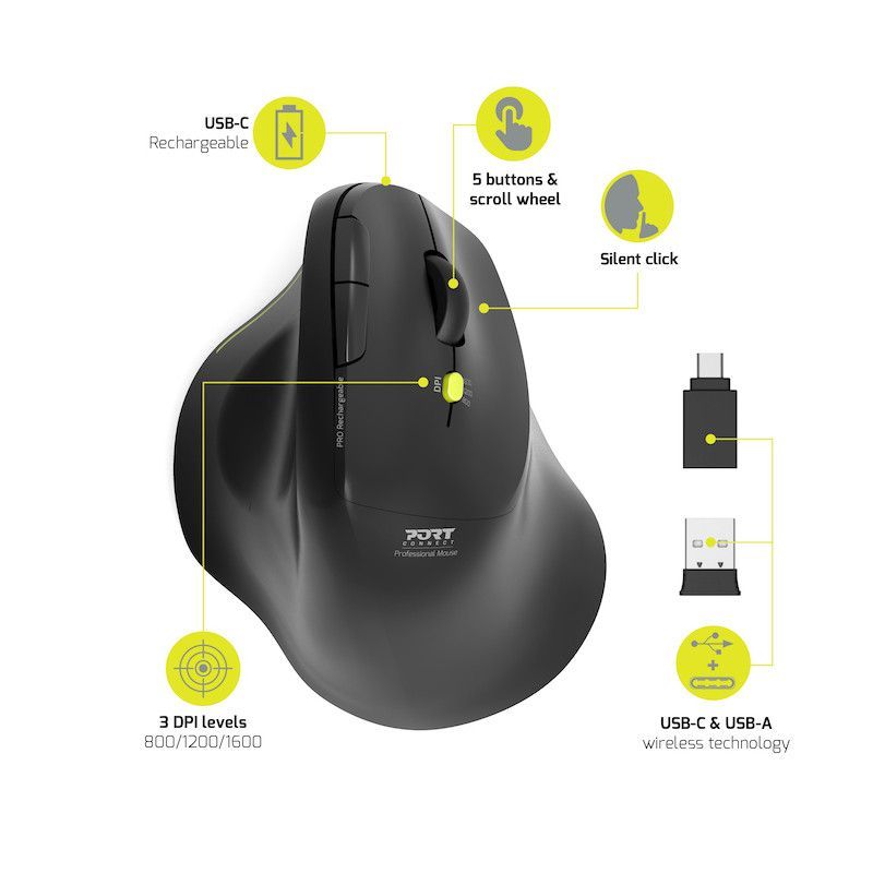 Port Designs Ergo Soft Wireless Bluetooth Rechargeable Mouse Black Port Designs Ergo Soft Wireless Bluetooth Rechargeable Mouse Black