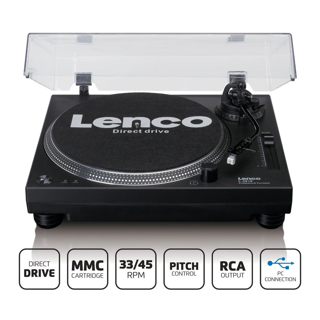 Lenco L-3818BK Direct drive Record Player with USB/PC Encoding Black