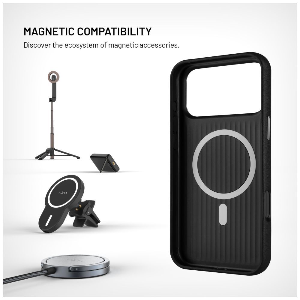 FIXED MagLeather bőrtok, MagSafe támogatással Apple iPhone 17 Pro Max-hoz, fekete