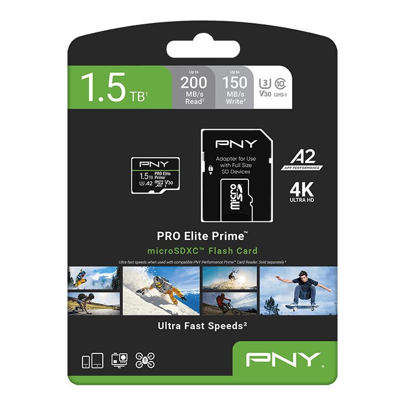 PNY 1,5TB microSDXC Pro Elite Prime Class 10 U3 V30 A2 + adapterrel