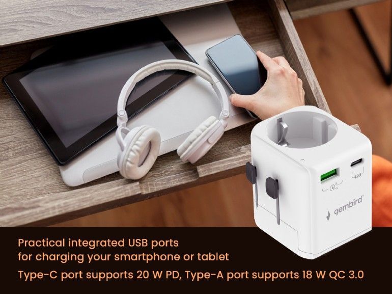 Gembird Grounded universal travel power adapter 20W White