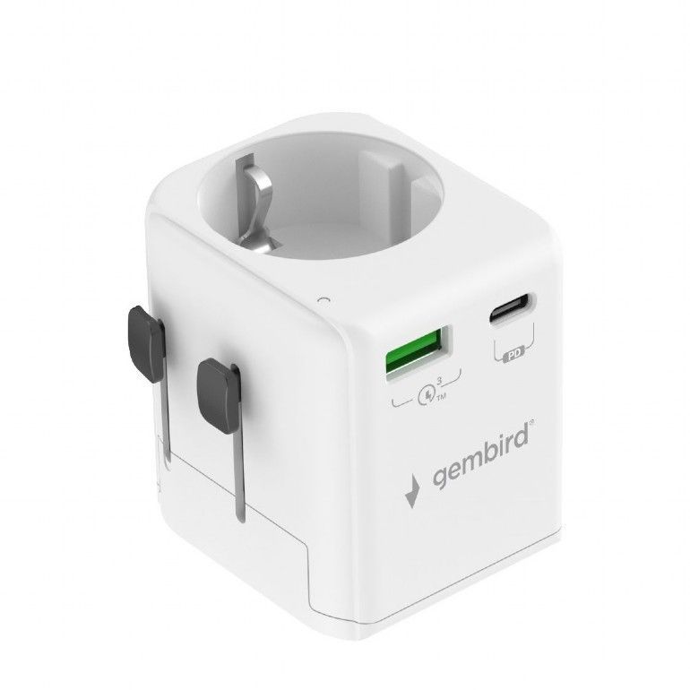 Gembird Grounded universal travel power adapter 20W White