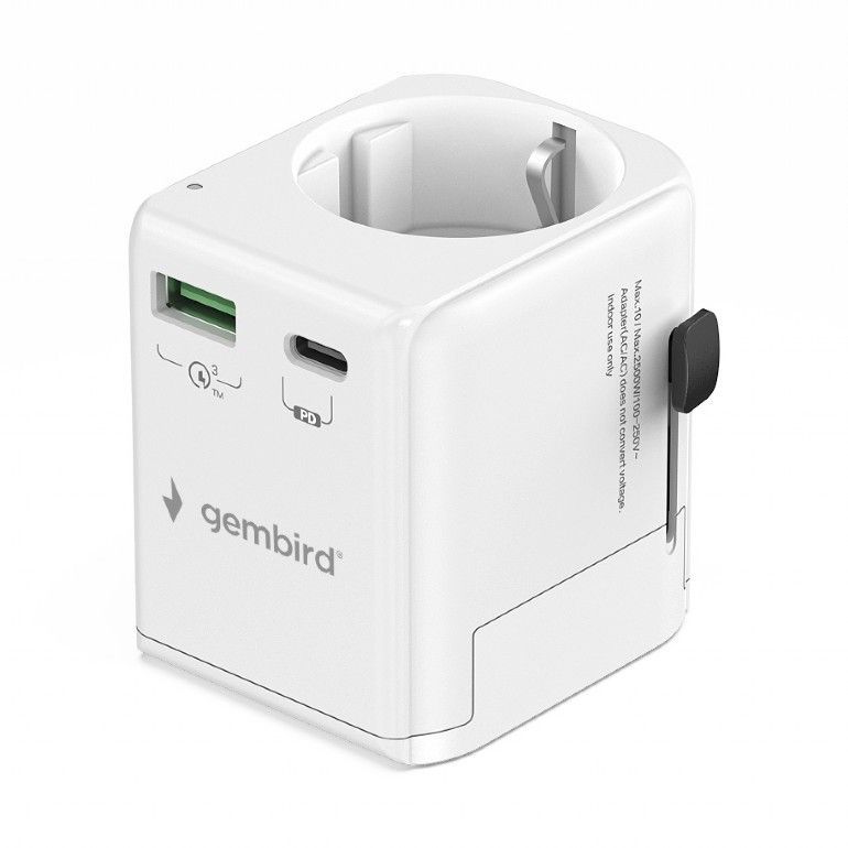 Gembird Grounded universal travel power adapter 20W White