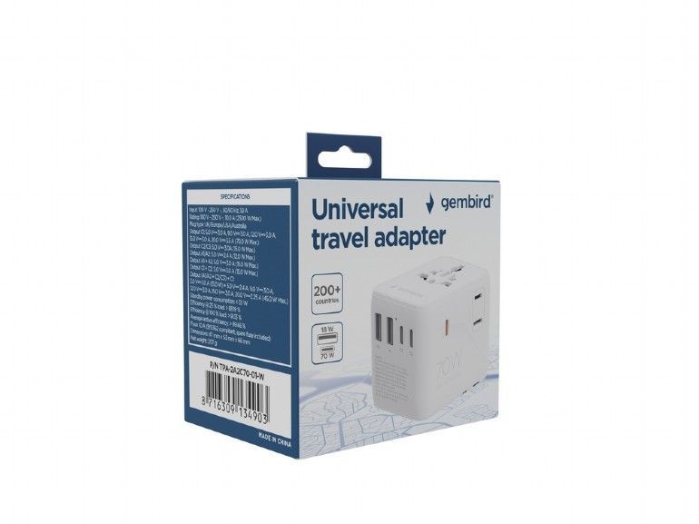 Gembird Universal travel power adapter 70W White Gembird Universal travel power adapter 70W White