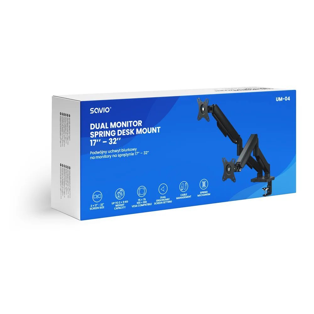 Savio UM-04 Dual monitor spring desk mount 17"-32" Black Savio UM-04 Dual monitor spring desk mount 17"-32" Black