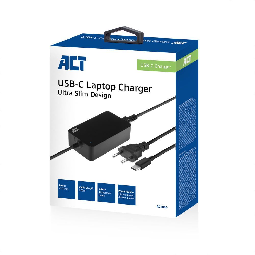ACT AC2000 USB-C laptop charger with Power Delivery profiles 45W Black ACT AC2000 USB-C laptop charger with Power Delivery profiles 45W Black