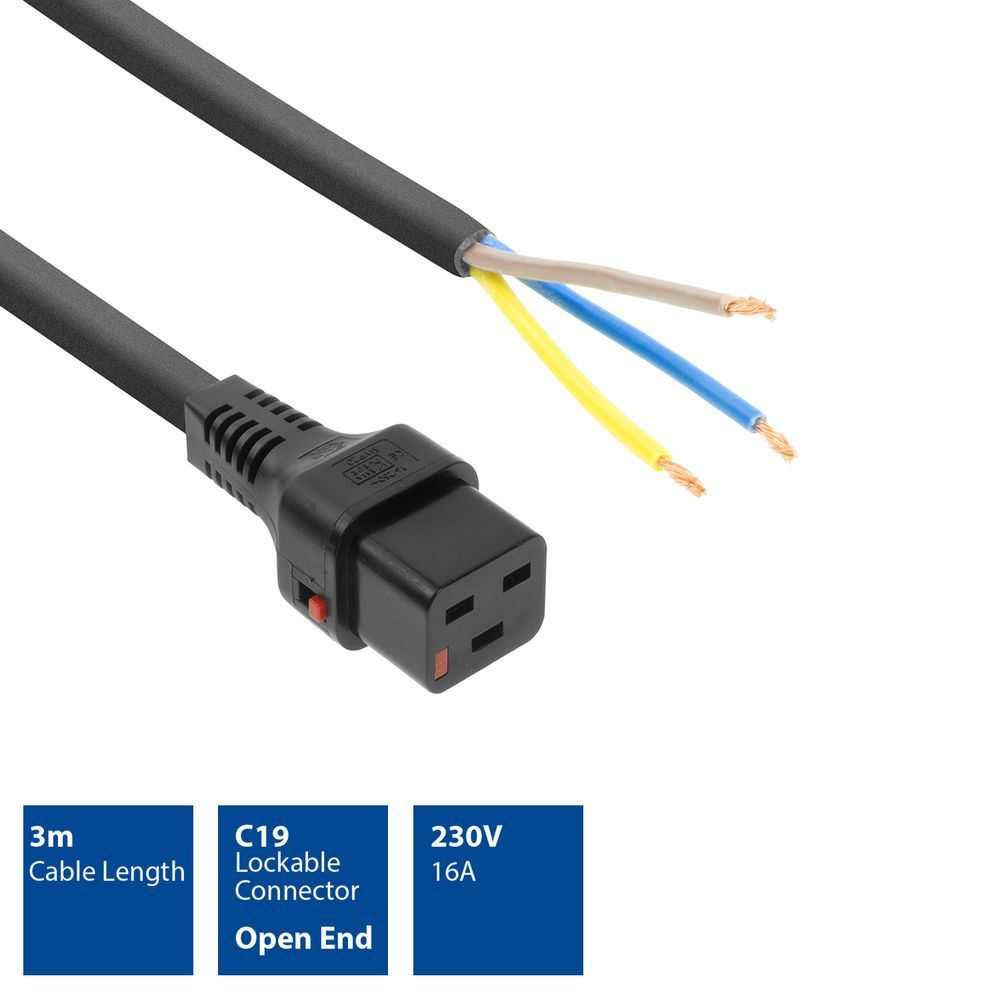 ACT Powercord C19 IEC Lock - open end 3m Black ACT Powercord C19 IEC Lock - open end 3m Black