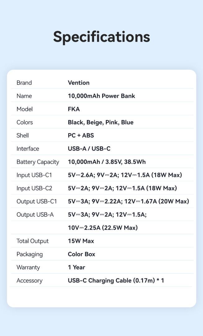 Vention 10000mAh Power Bank Blue