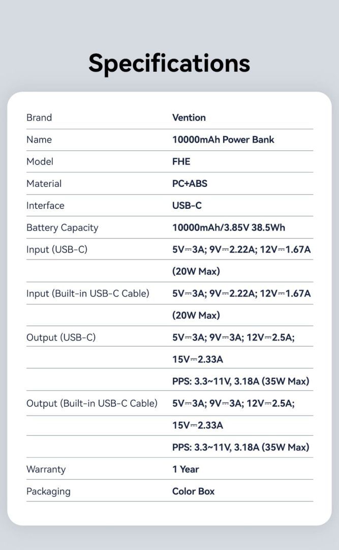 Vention 10000mAh Power Bank Beige